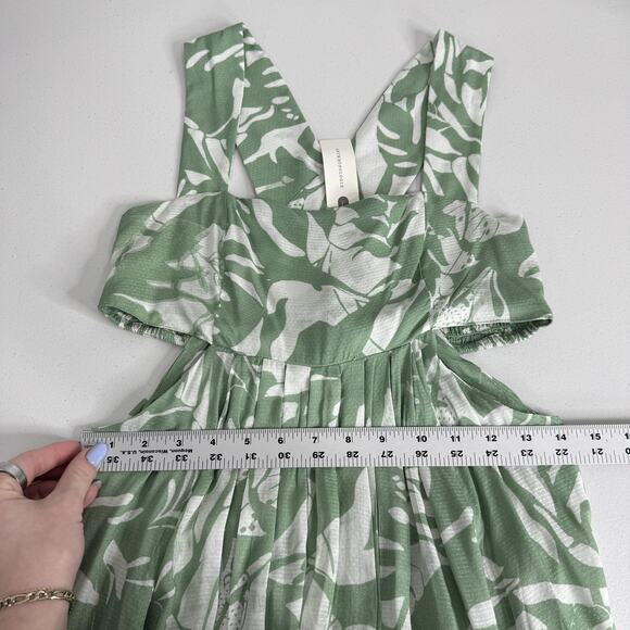By Anthropologie Dress Womens XS Green Smocked Bandeau Leaf Tropical Cutout Maxi - Picture 12 of 14